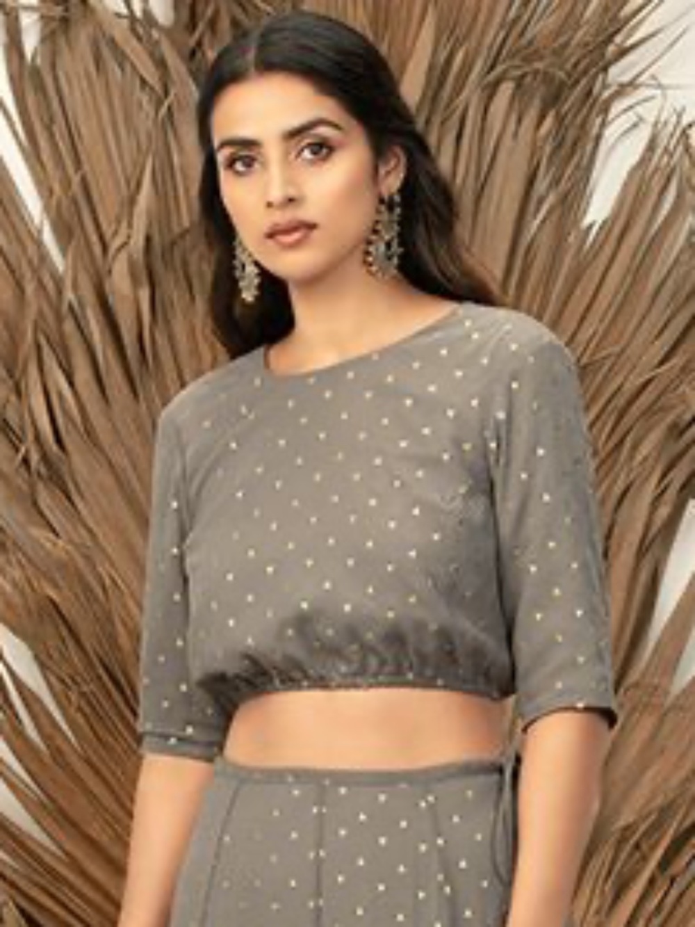 Payal Singhal for Indya Grey Foil Elasticated Waist Crop Top